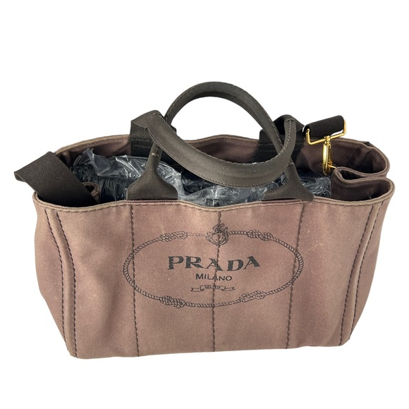PRADA Canapa Brown Canvas Fabric Removable Crossbody Strap Tote Authentic Japan - Picture 9 of 16